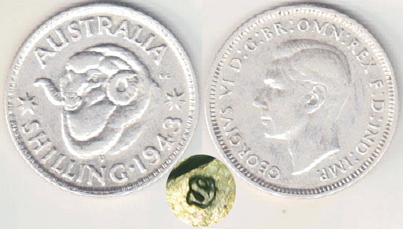 1943 S/D Australia silver Shilling (over-strike) A003255